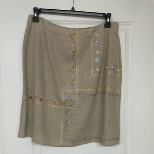 100% Linen Tan with Embroidery pattern skirt! Deane & White! Size 14 Side zipper